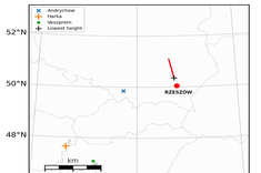 Trajektoria meteoru na podstawie nagrań z Polski oraz Węgier. Widoczne w legendzie miejscowości to miejsca, z których zarejestrowano meteor. 